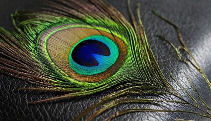 A peacock Feather on a Black Surface