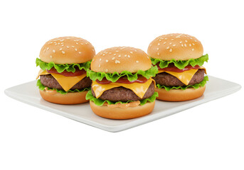 Three Delicious Burgers with Cheese Sesame on Isolated Background