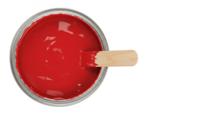 Top View of Red Paint Can with Wooden Stirrer on Transparent Background