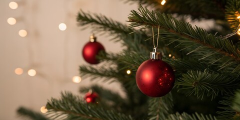 Decorated Christmas tree with red baubles creates a festive holiday atmosphere