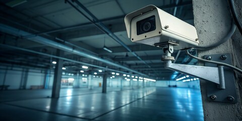 Surveillance camera installed in modern parking garage capturing security footage