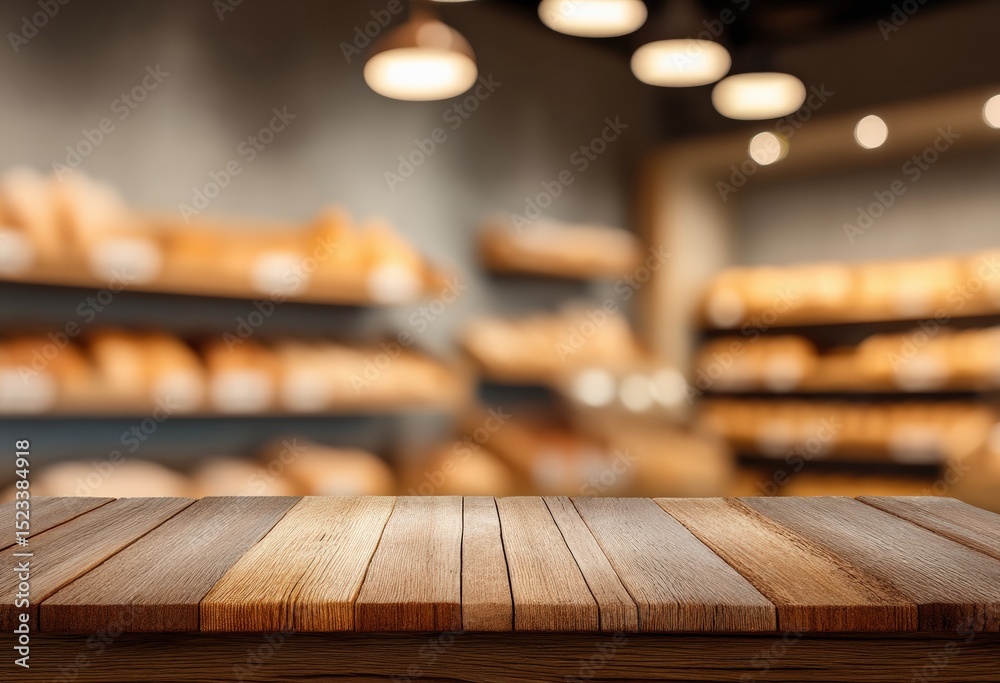 Aufkleber empty wooden table top with a blurred background of shelves full of bread inside a bakery shop, idea