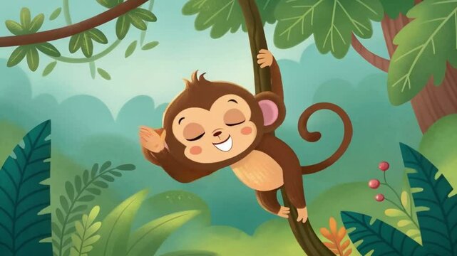 Happy cartoon monkey swinging on jungle tree branch monkey clipart