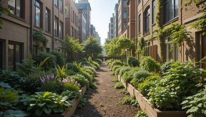 Fototapeta premium Tranquil Urban Courtyard Garden Path Between Brick Buildings Lush Greenery
