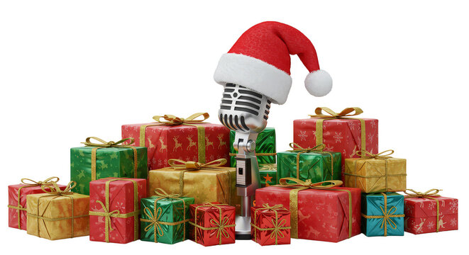 Isolated 3d Render of Christmas Gifts with Microphone and Santa Hat