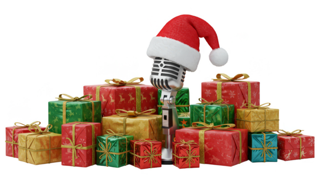 Isolated 3d Render of Christmas Gifts with Microphone and Santa Hat - Powered by Adobe