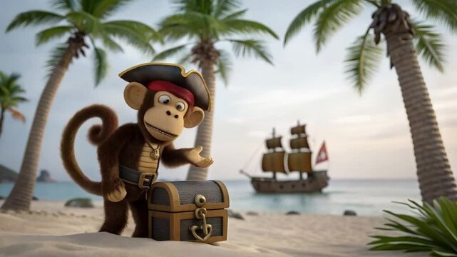 Pirate monkey with treasure chest and ship background monkey clipart