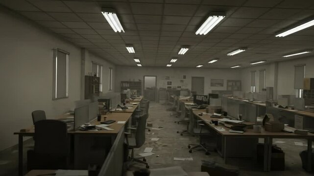 Abandoned office interior with messy cubicles and scattered papers. Deserted workplace with flickering lights. Empty professional space footage.