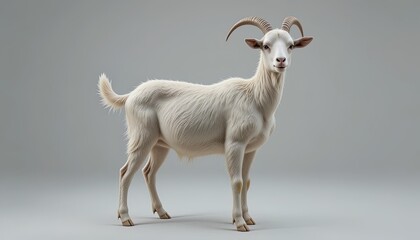 Fototapeta premium A white goat stands against a neutral background.