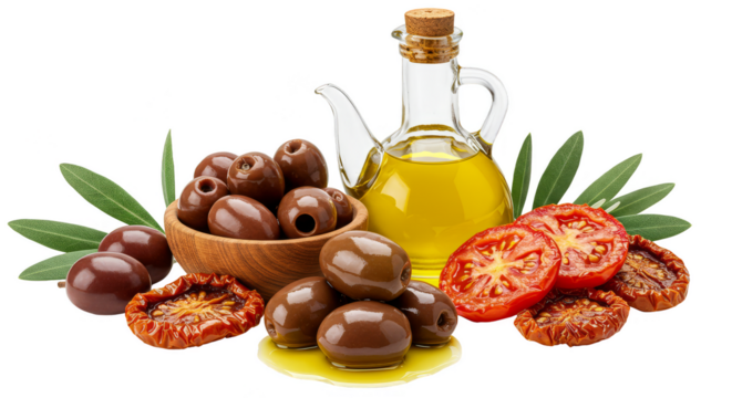 Isolated Transparent Background Olive Oil Tomato With Dried Ingredients