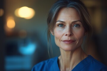 Fototapeta premium Portrait of a Confident Female Medical Professional in Blue Scrubs Providing Compassionate Healthcare in a Modern Clinical Environment