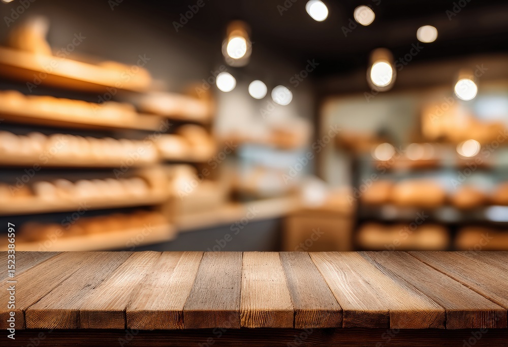 Poster empty wooden table top with blurred bakery background provides ideal space for product placement and