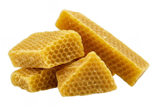 Isolated Transparent Honeycomb Wax Blocks with Natural Golden Texture