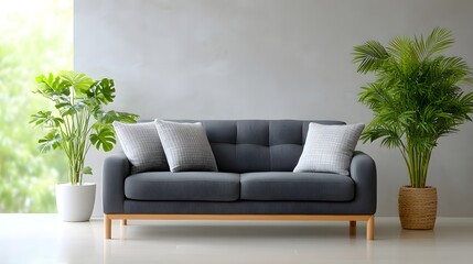 Cozy gray sofa against a wall with lush green plants