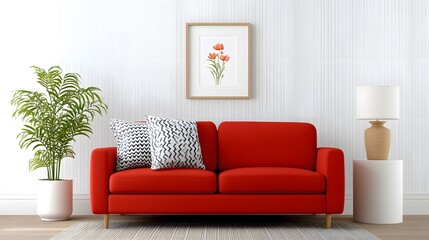 Cozy living room with a red sofa plants and decorative artwork