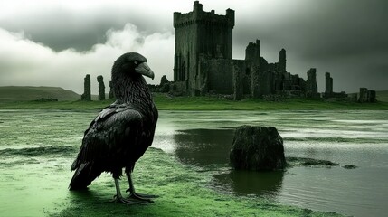 Raven Guarding a Ruined Castle Landscape