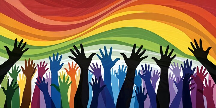 Vivid colorful spectrum of hands raised in unity celebration of diversity