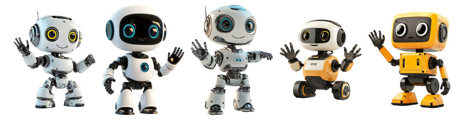 Friendly and Colorful Robot Characters Welcoming with Waving Hands, Isolated on Transparent, white background