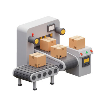 Isometric Conveyor Production with Cardboard Boxes 3D Rendering Illustration