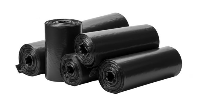 Isolated Roll Black Trash Bag for Garbage Waste on Transparent Background