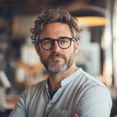 Obraz premium Professional Portrait of Confident Mature Man in Creative Modern Workspace Stylish and Successful Entrepreneurial Lifestyle with Natural Light