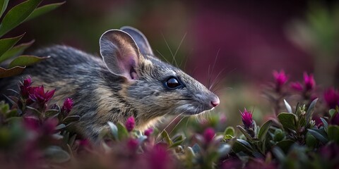 Close Up of a Brown Mouse Among Pink Flowers Revealing Natural Beauty