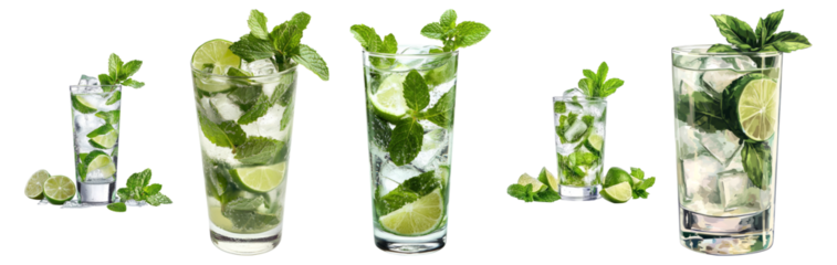 Refreshing Minty Lime Drinks in Various Glasses on White Background, Isolated on Transparent, white background
