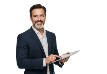 Portrait of Businessman Holding Tablet in Dark Blue Suit Transparent
