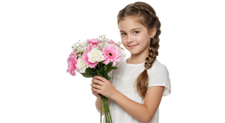 Portrait Of Blond Girl With Bouquet Of Flowers In Transparent Background