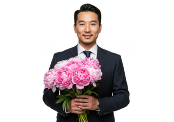 Portrait Of Man In Suit Holding Pink Peonies Bouquet Transparent Background