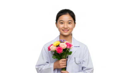 Potrait of Asian Girl Holding Flower Bouquet Isolated Background PNG