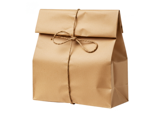 Isolated Brown Paper Bag Tied with Rope on Transparent Background