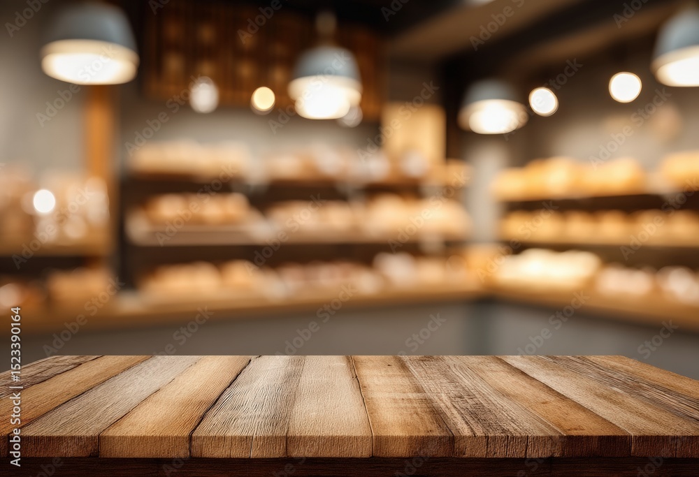 Poster empty wooden table top with blurred bakery background provides free space for product placement and 