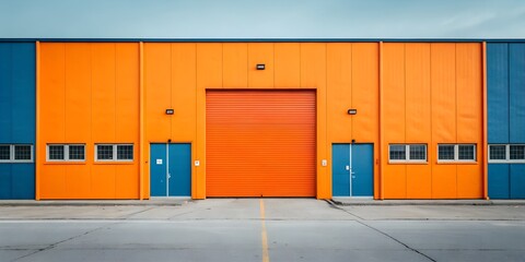 Bright orange industrial warehouse with large roll-up door and blue accents showcasing modern construction