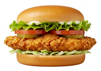 Isolated Studio Shot of Chicken Burger with Fresh Lettuce Tomato and Pickle on Transparent Background