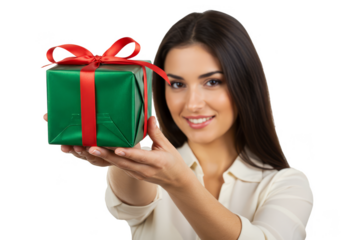 Smiling Woman Offering Green Gift Box with Transparent Background