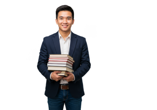 Smiling Asian Man Holding Stack Of Books Isolated on Transparent Background