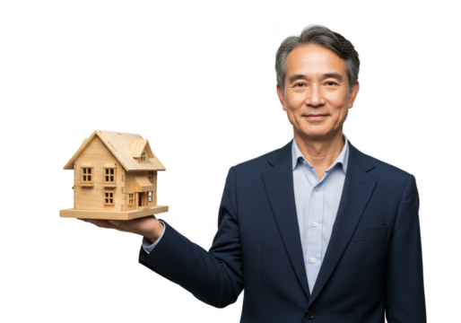 Smiling Asian Man Holding Wooden House Model Presenting Real Estate on Transparent Background