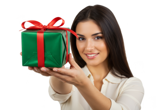 Smiling Woman Offering Green Gift Box with Transparent Background