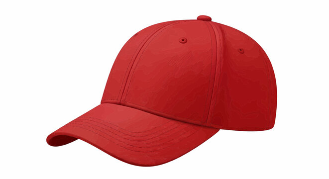 Solid red baseball cap with a slightly curved brim. Featuring six panels, vents, and subtle highlights on a pure white background. vector