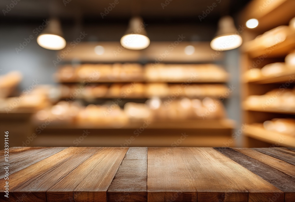 Poster Empty wooden table top with blurred bakery background provides ideal space for showcasing products in a warm and inviting setting