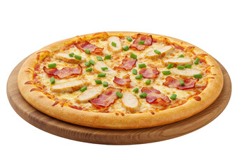 Isolated Transparent Background Chicken And Bacon Pizza On Wooden Board