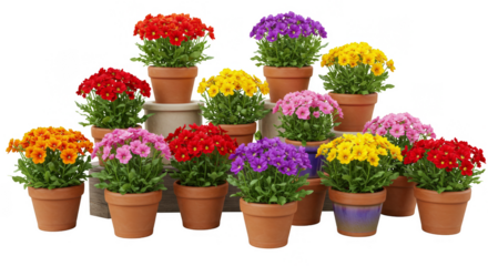 Transparent Background of Colorful Chrysanthemums in Terracotta Pots Display