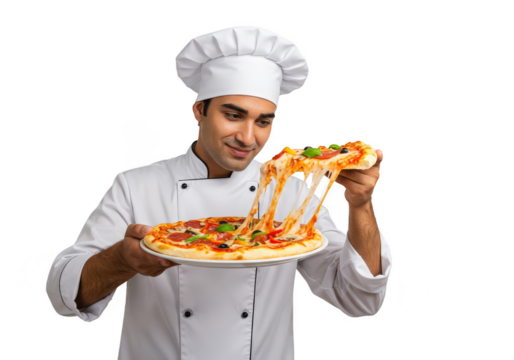 Transparent Background Photo Of Professional Chef In Uniform Tasting Pizza