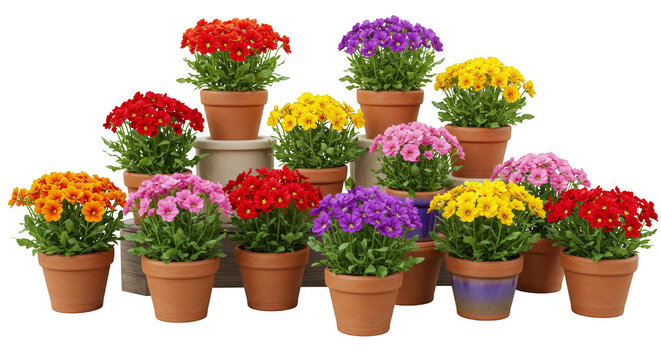 Transparent Background of Colorful Chrysanthemums in Terracotta Pots Display