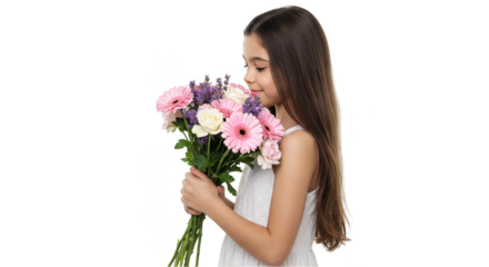 Transparent Portrait of a Girl with Spring Flower Bouquet Floral Tender