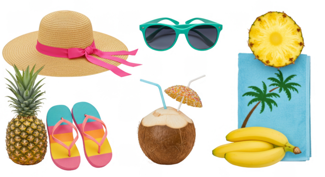 Tropical Vacation Elements with Pineapple Coconut and Beach Accessories