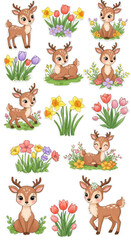 Fototapeta premium Watercolor Illustration of Cute Deers with Floral Bouquets on Transparent