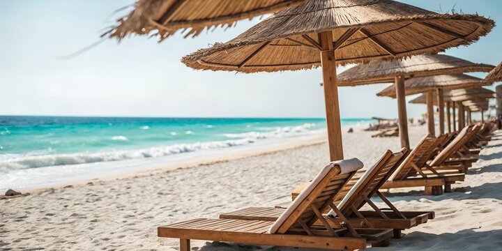 Serene sandy beach with wooden lounge chairs and straw umbrellas under sunny sky - Powered by Adobe