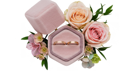 Isolated Close Up Wedding Rings in Pink Velvet Box and Rose Bouquet